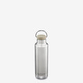 Silver water bottle with a beige cap on a white background