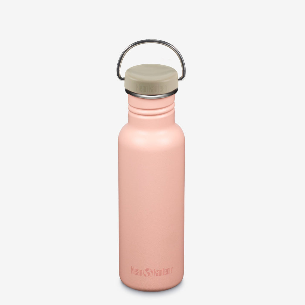 Peach water bottle with a beige cap on a white background