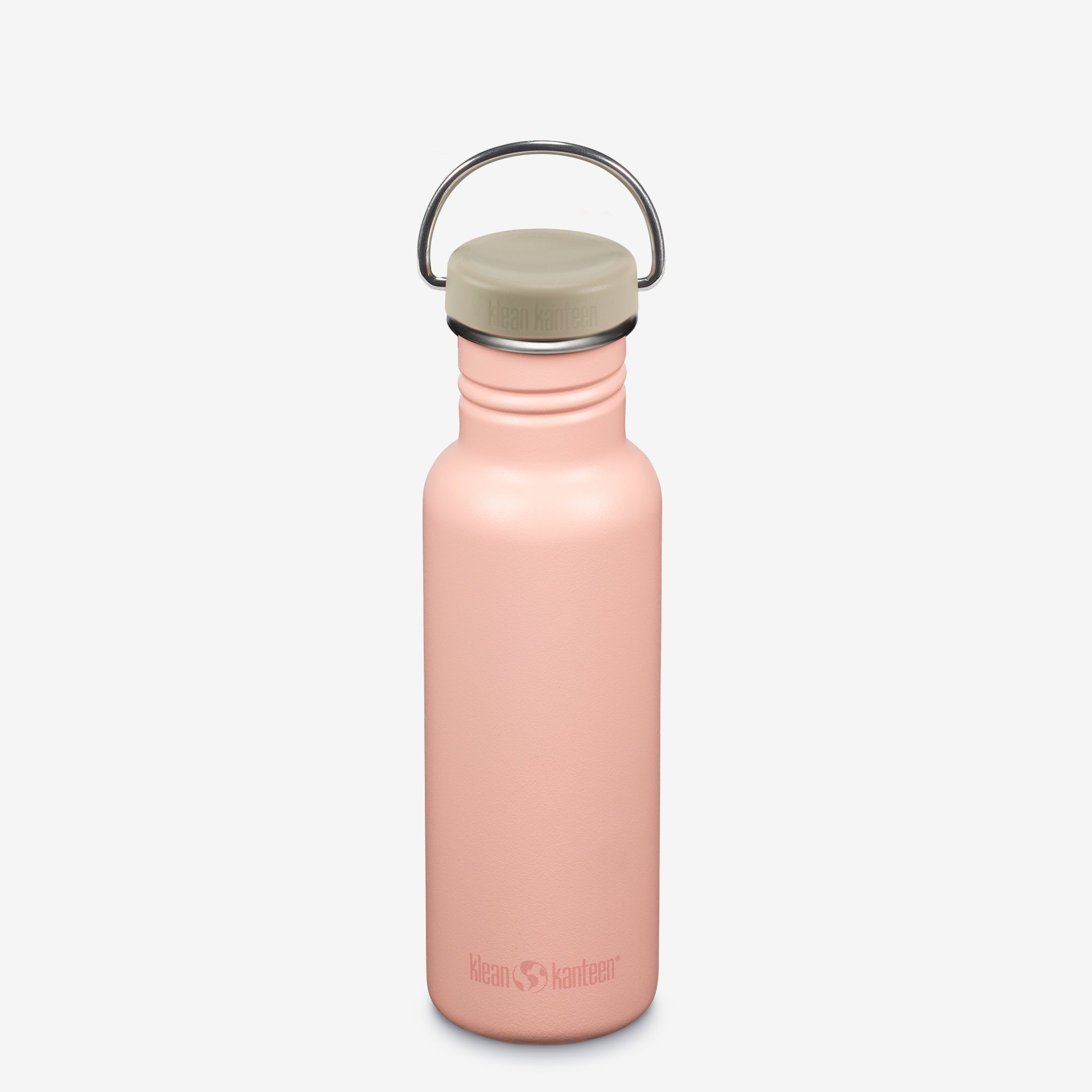 Peach water bottle with a beige cap on a white background