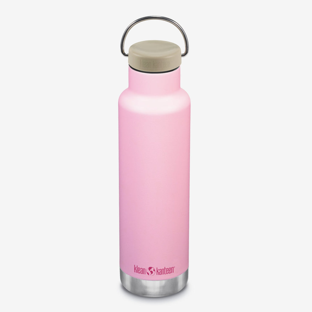 Pink insulated bottle with silver cap on a white background