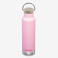 Pink insulated bottle with silver cap on a white background