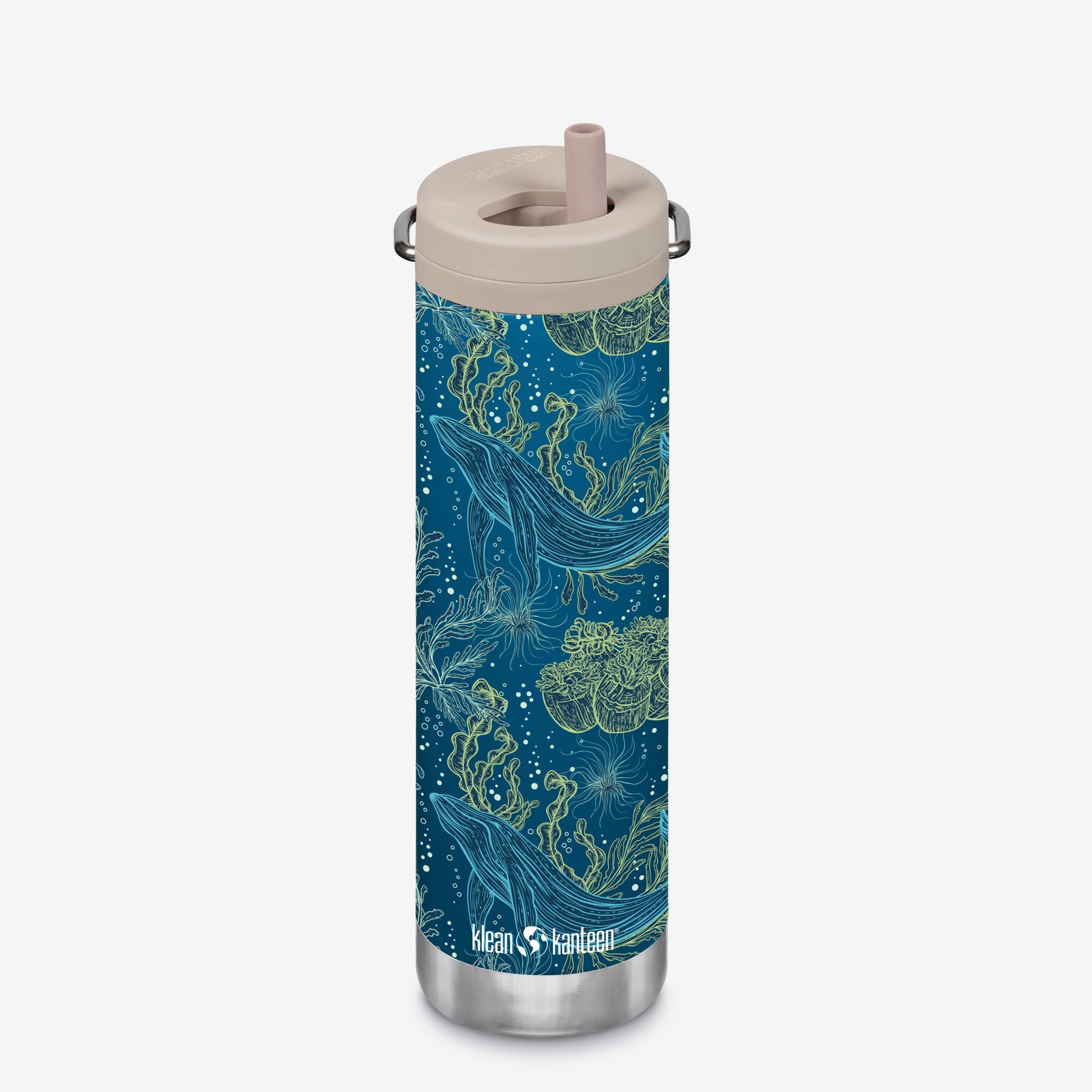 Water bottle with ocean-themed design on a white background